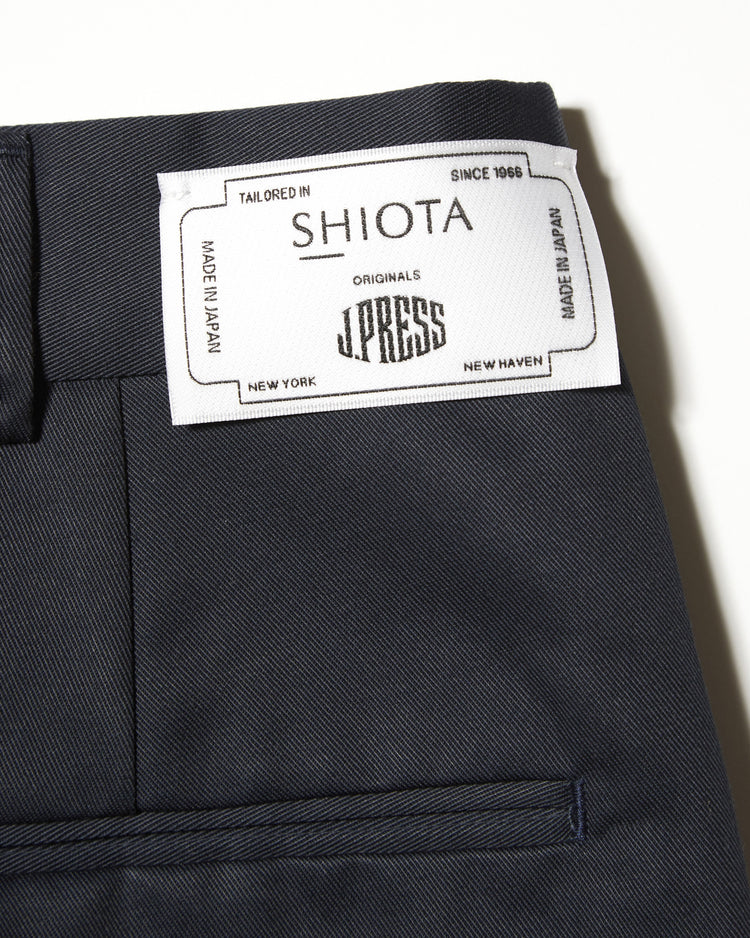 J.PRESS ORIGINALS SHIOTA Slight Twist Chino Piped Stem 1 tuck   Japan Made NAVY